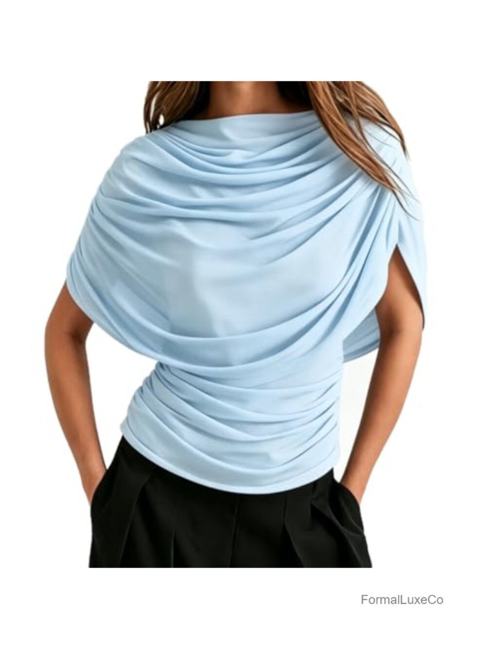 Women's Sheer Mesh Cape Sleeve Blouse Ruched Waist Slim Fit Tunic Top